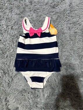 NWT Gymboree Navy & White Striped One-Piece with Pink Bow